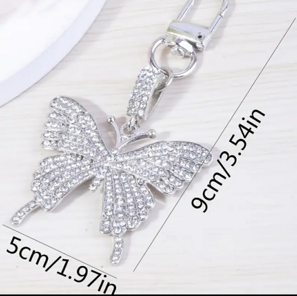 J27. RESTOCKED! Silver Tone Rhinestone Butterfly Bag Charm / Keychain - Picture 8 of 8